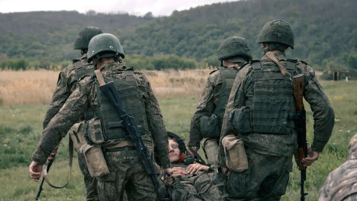 Russian soldiers during tactical medical training at an undisclosed location in Ukraine