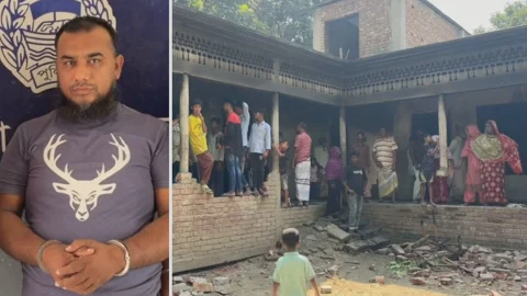 অভিযুক্ত শিক্ষক আবু ইউসুফ (বাঁয়ে) এবং ভাঙচুর ও অগ্নিসংযোগে ক্ষতিগ্রস্ত মাদরাসা (ডানে)। ছবি: রাজনীতি ডটকম