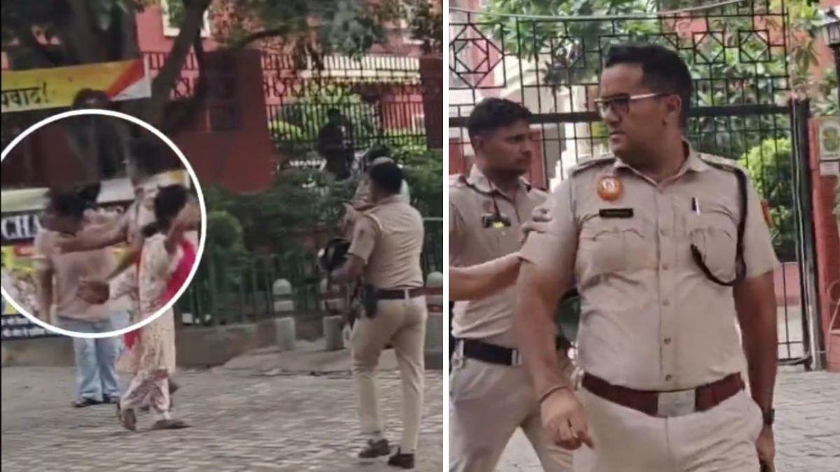 পুলিশের একজন জ্যেষ্ঠ কর্মকর্তাকে এক নারী বিক্ষোভকারীকে চড় মারতে দেখা যায়। ছবি: সংগৃহীত