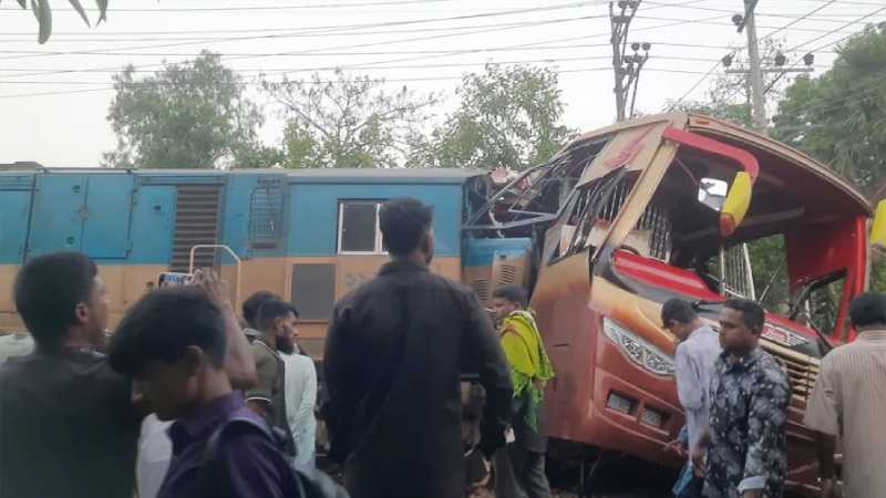 12 killed, including women and children, after train hits bus at railway crossing in Comilla