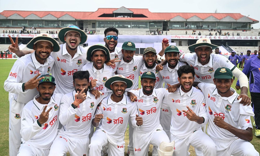 Bangladesh players celebrate their back-to-back historic Test series whitewash against Pakistan in Sylhet