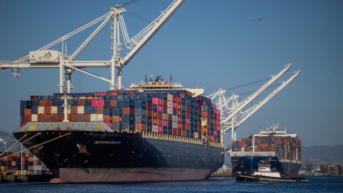 A cargo ship full of shipping containers is seen at the port of Oakland, California, U.S
