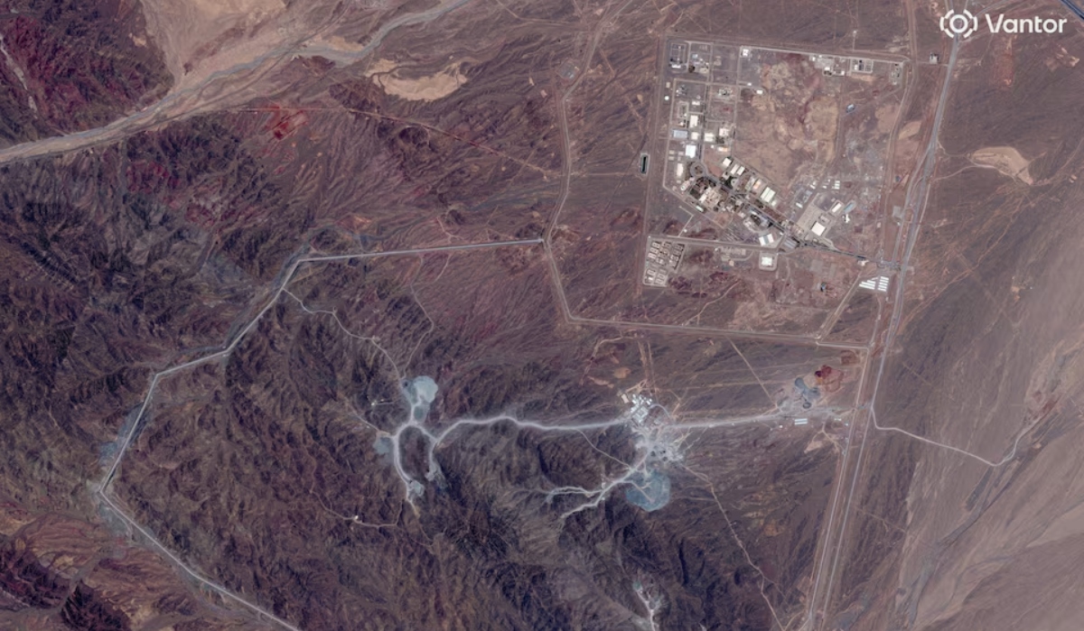 A satellite view shows an overview of the Natanz nuclear facility and Pickaxe Mountain, near Natanz