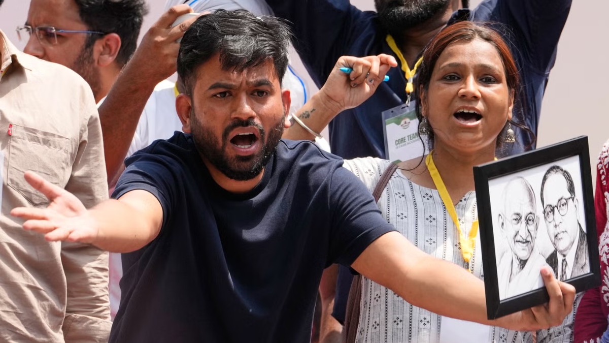 Cockroach Janta Party founder Abhijeet Dipke at a protest in New Delhi on Saturday (1)