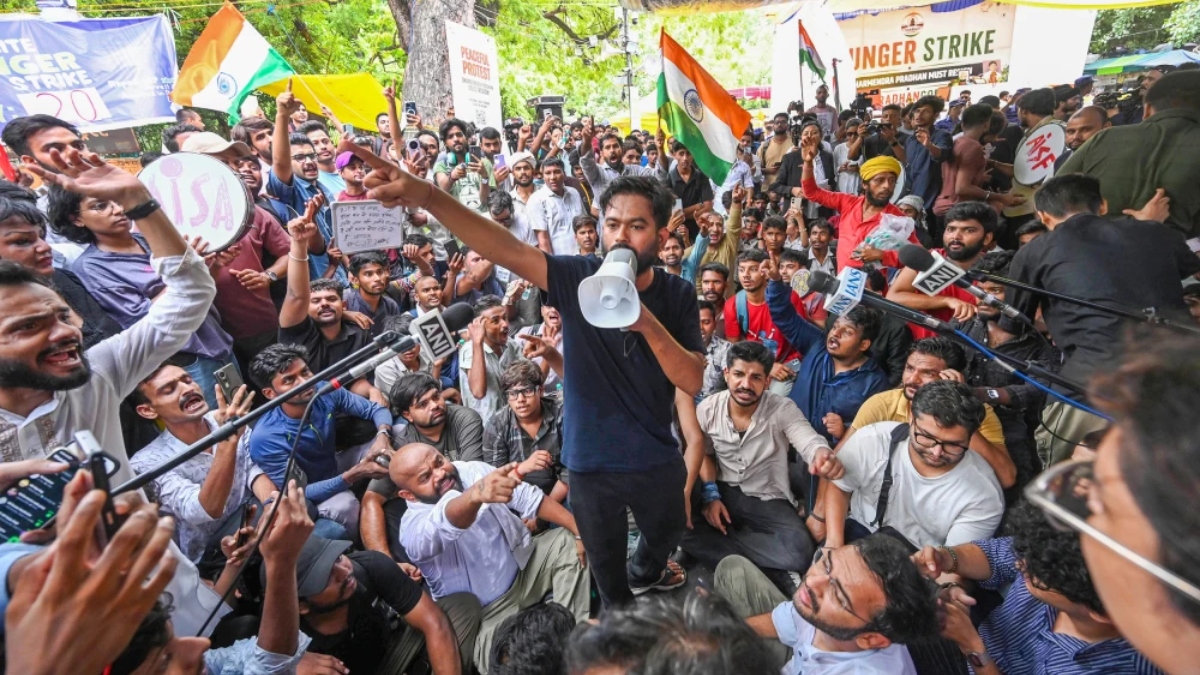 Cockroach Janta Party founder Abhijeet Dipke at a protest in New Delhi on Saturday