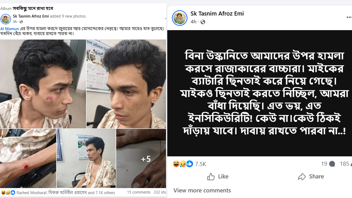 শেখ তাসনিম আফরোজ ইমির দুটি ফেসবুক স্ট্যাটাসের স্ক্রিনশট।