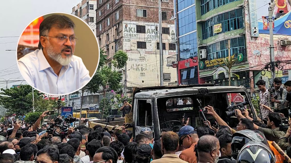 বিক্ষুব্ধ ফুৃটপাতের ব্যবসায়ীরা সিটি করপোরেশনের তিনটি গাড়িতে আগুন ধরিয়ে দেয়। (ইনসেটে) ডিএনসিসি প্রশাসক মোহাম্মদ শফিকুল ইসলাম খান মিল্টন। ছবি: সংগৃহীত