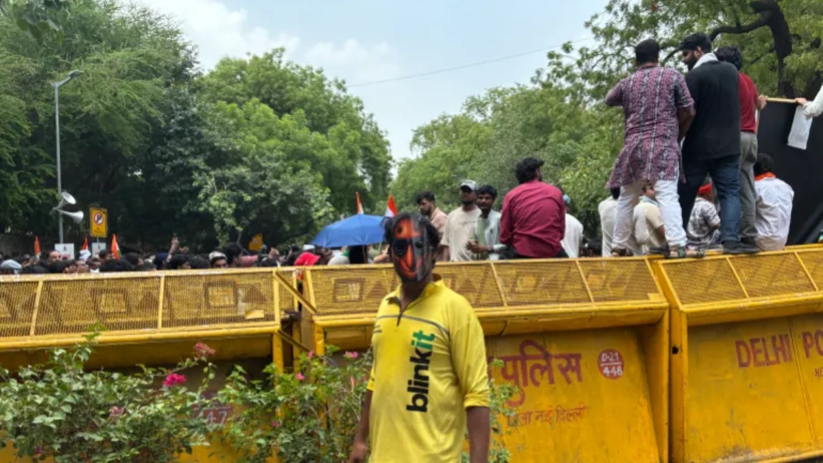 শনিবার অনুষ্ঠিত বিক্ষোভে তেলাপোকার মুখোশ পরে অংশ নিয়েছেন মোহাম্মদ আফতাব নামে এক শ্রমিক। ছবি: আল-জাজিরা