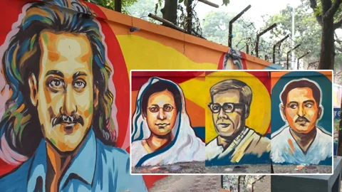 সেগুনবাগিচায় ফুটপাতের দেয়াল থেকে বাদ পড়েছেন সঞ্জীব চৌধুরী; যুক্ত হয়েছেন বেগম রোকেয়া, জসীমউদ্‌দীন ও জীবনানন্দ দাশ। ছবি: সংগৃহীত