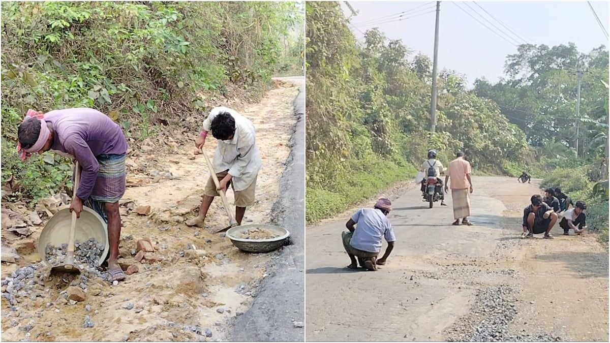 বর্ষা-পাহাড়ি ঢলে ব্যাহত হয়ে সড়কের কার্পেটিং কার্যক্রম চলছে ধীরগতিতে। ছবি: রাজনীতি ডটকম