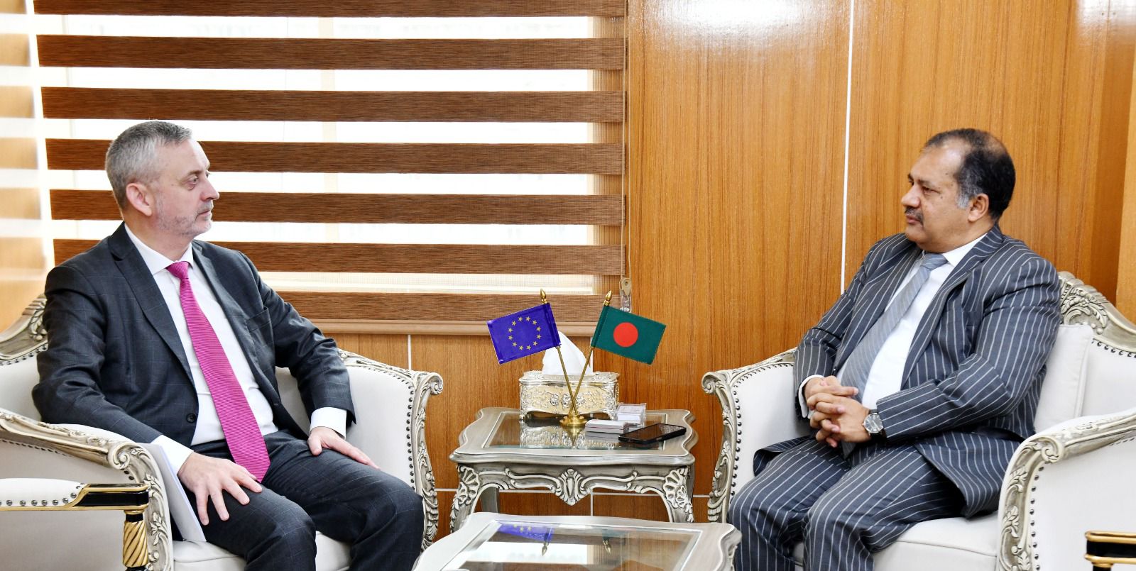 Information Minister Zahir Uddin Swapan meets EU Ambassador Michael Miller in Dhaka on Wednesday
